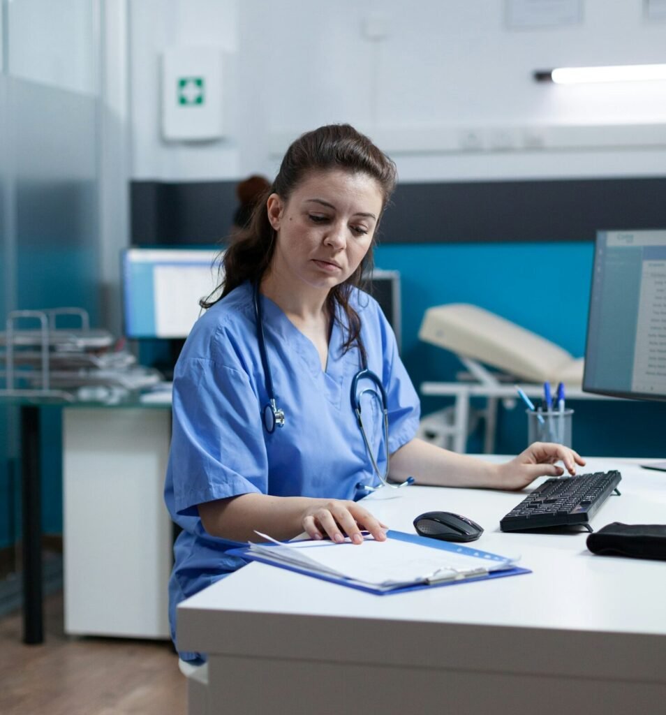 Practitioner nurse with stethoscope analyzing healthcare treatment